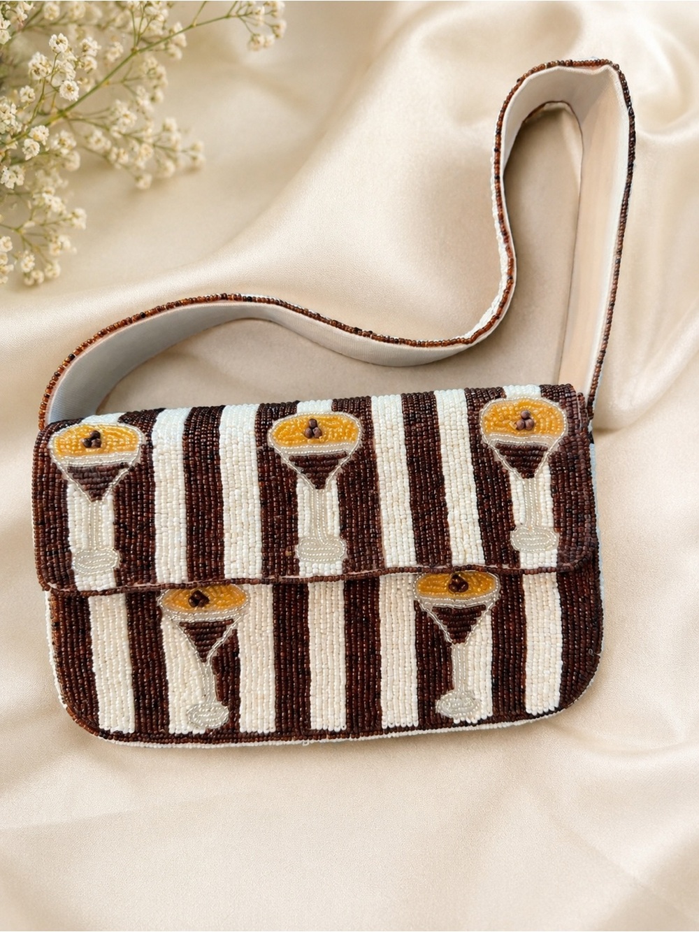 Beaded Stripe Cocktail Crossbody Bag - Brown & Cream